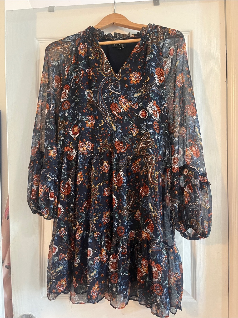 Estate Navy Floral Paisley Long Sleeve Tiered Dress with Orange Accents